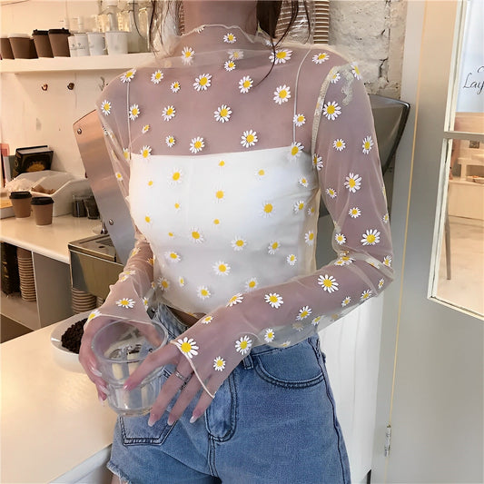 Daisy | Set van 2 mesh blouses met madeliefjes